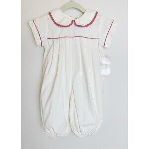 Lullaby Set Short Slv Balloon Leg Romper 100% Cotton Sz 12M White W/Red Trim